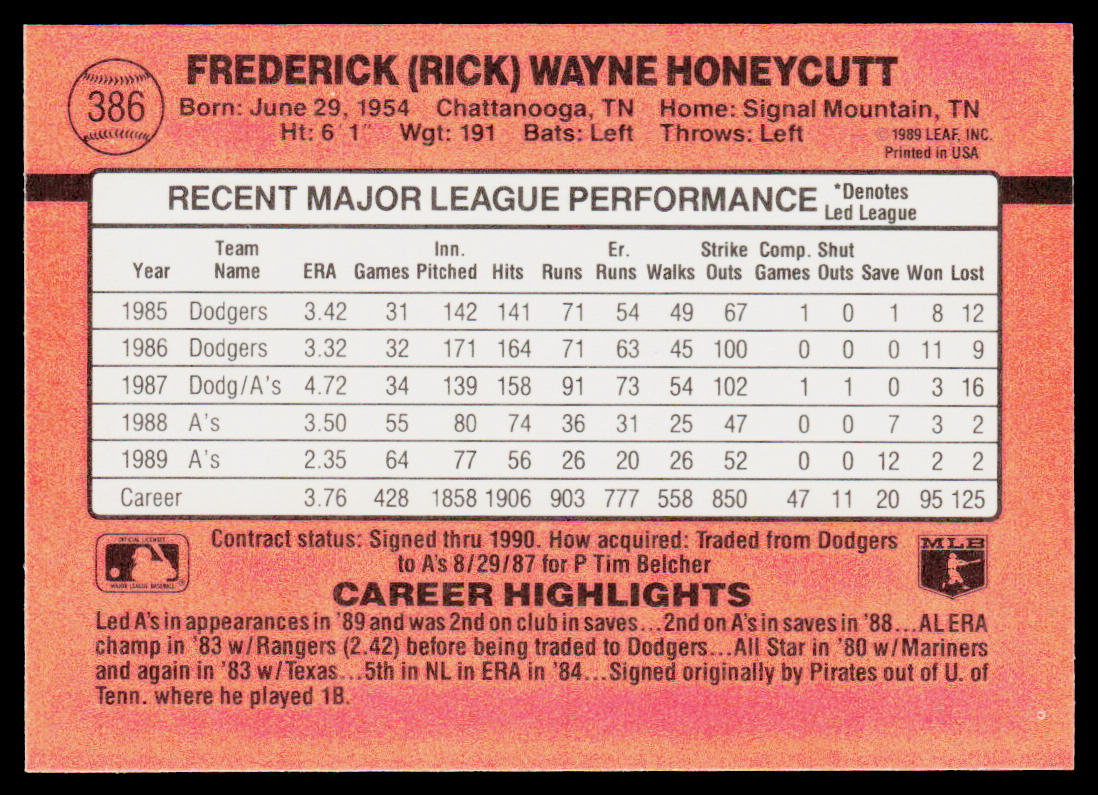 Rick Honeycutt 1990 Donruss #386 Oakland Athletics