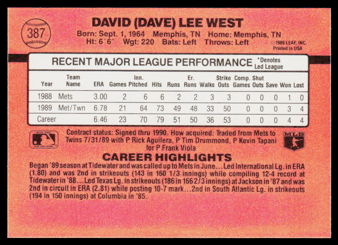 Dave West 1990 Donruss #387b Minnesota Twins