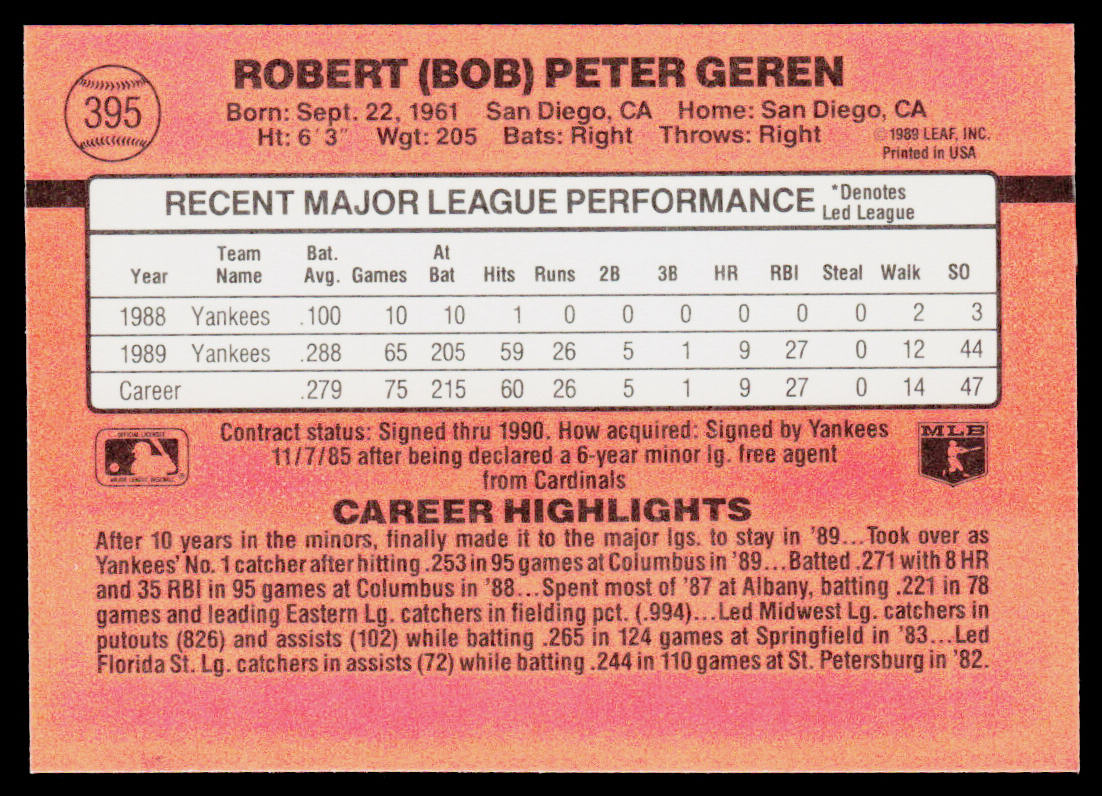 Bob Geren 1990 Donruss #395 New York Yankees