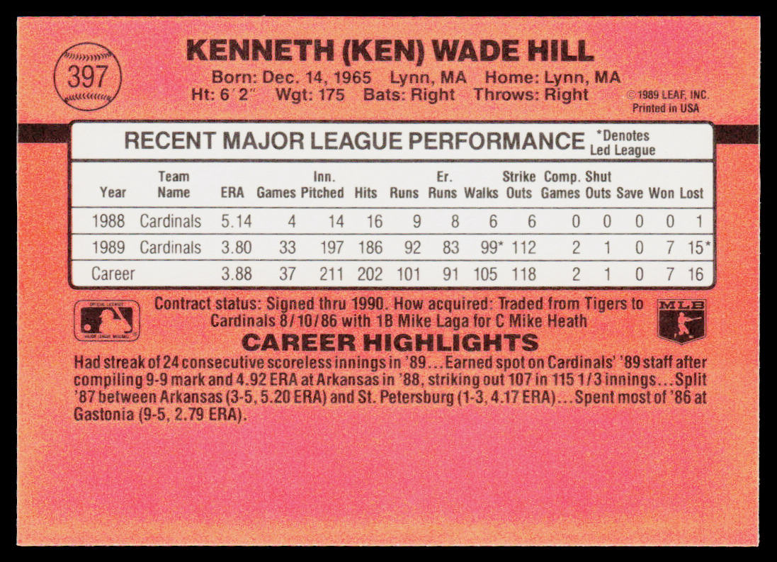 Ken Hill 1990 Donruss #397 St. Louis Cardinals