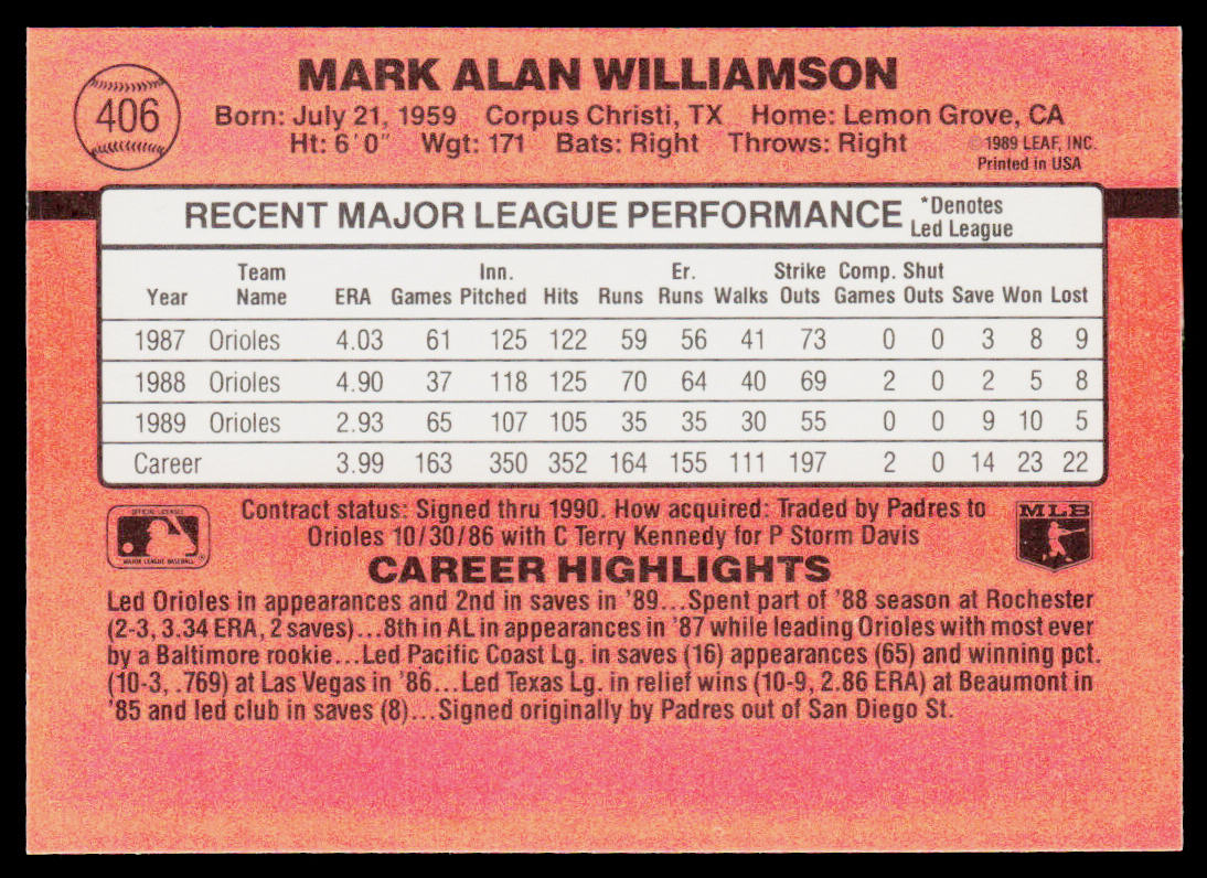 Mark Williamson 1990 Donruss #406 Baltimore Orioles