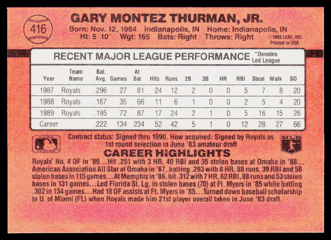 Gary Thurman 1990 Donruss #416c Kansas City Royals