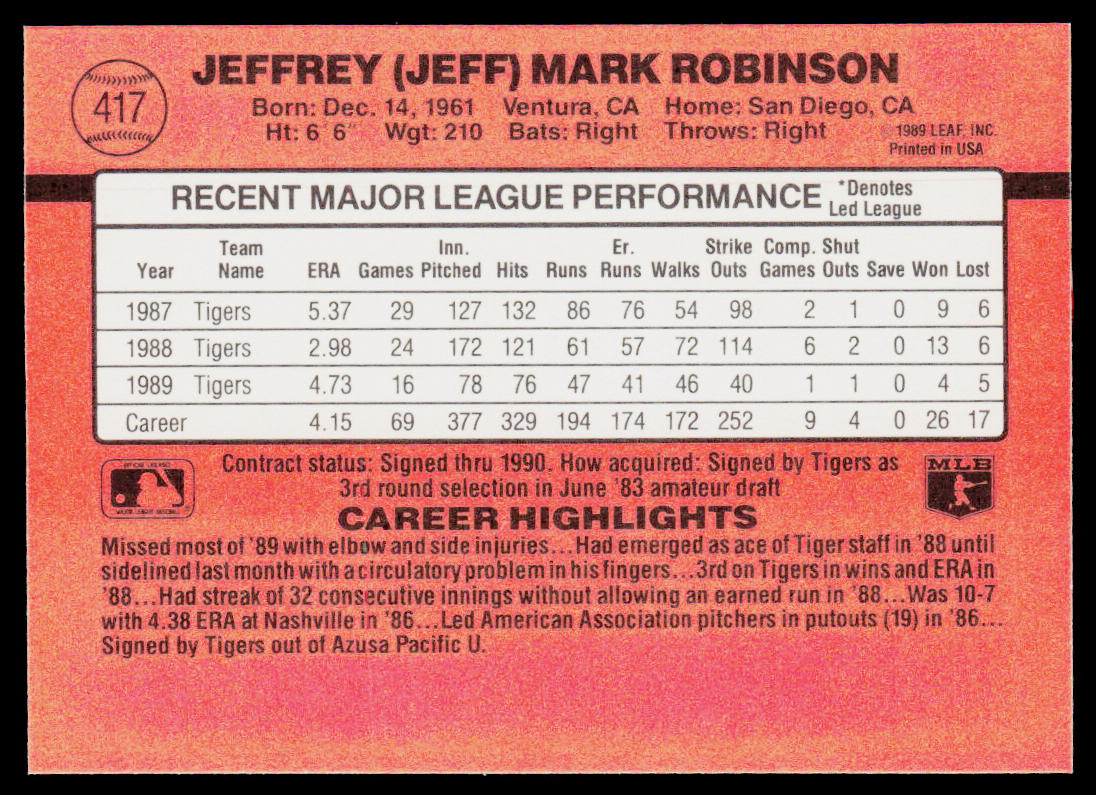 Jeff Robinson 1990 Donruss #417c Detroit Tigers