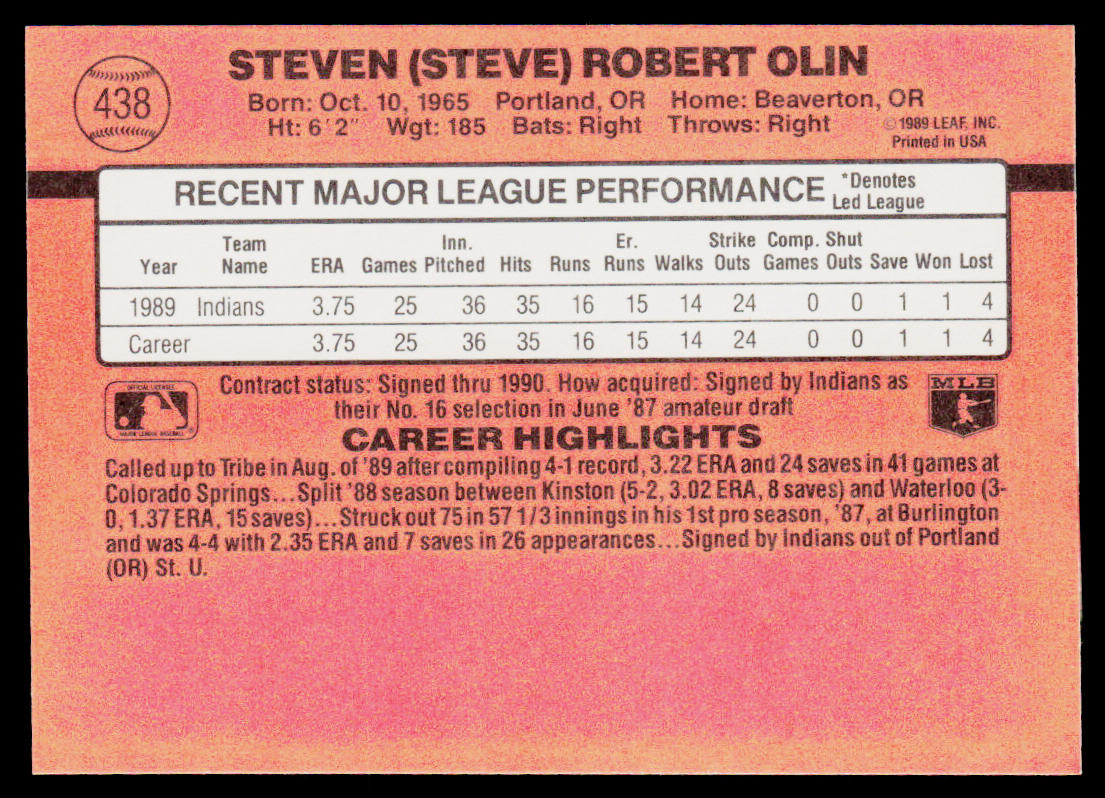 Steve Olin 1990 Donruss #438 RC Cleveland Indians