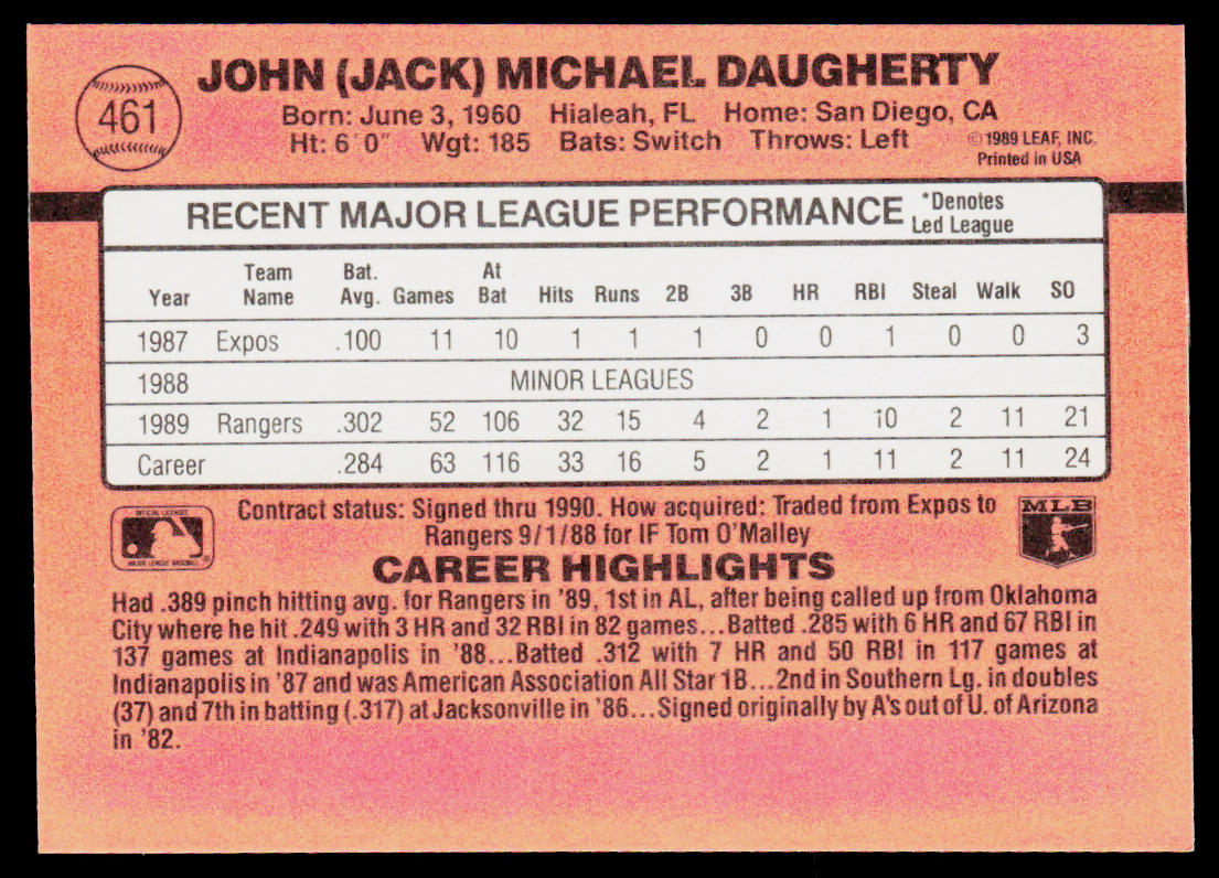 Jack Daugherty 1990 Donruss #461 RC Texas Rangers