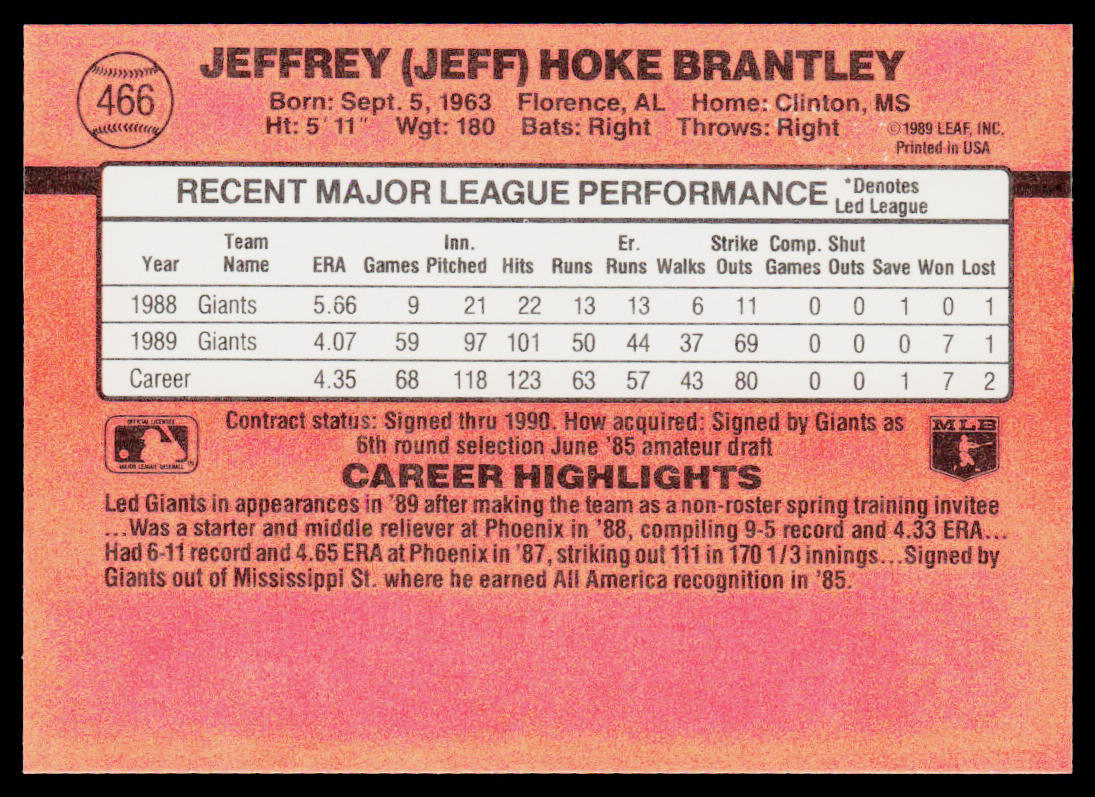Jeff Brantley 1990 Donruss #466 RC San Francisco Giants