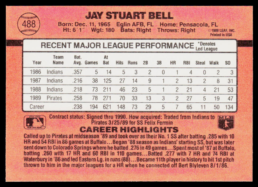 Jay Bell 1990 Donruss #488b Pittsburgh Pirates