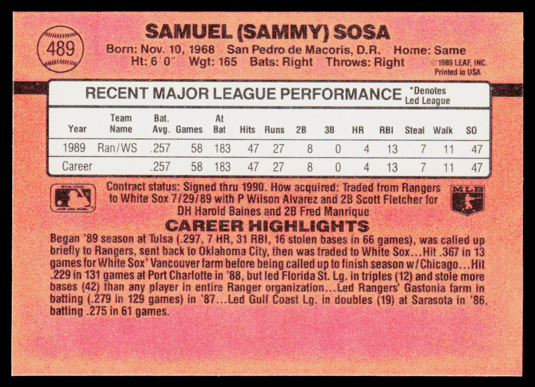 Sammy Sosa 1990 Donruss #489 RC Chicago White Sox