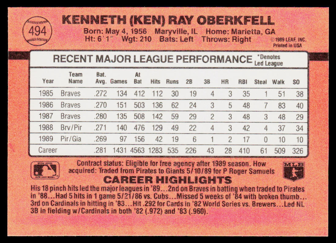 Ken Oberkfell 1990 Donruss #494c San Francisco Giants