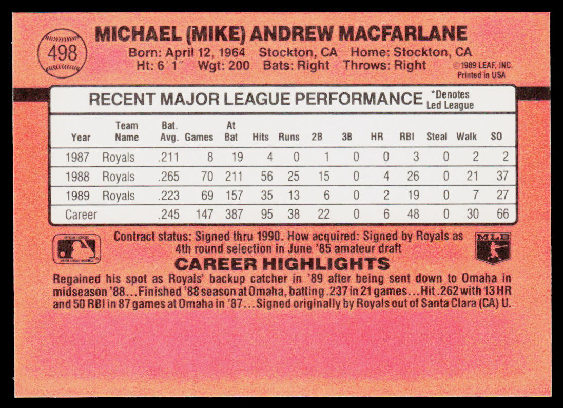 Mike Macfarlane 1990 Donruss #498 Kansas City Royals