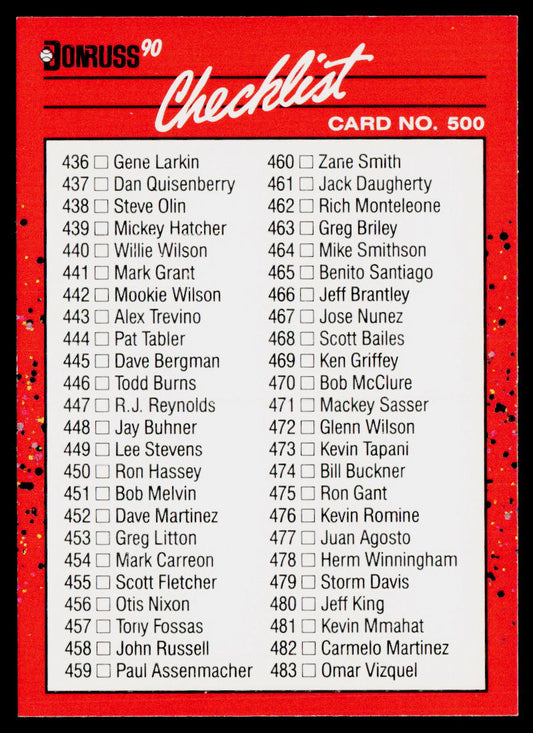 Checklist 436-537 1990 Donruss #500 Pack border Cards 436 - 537