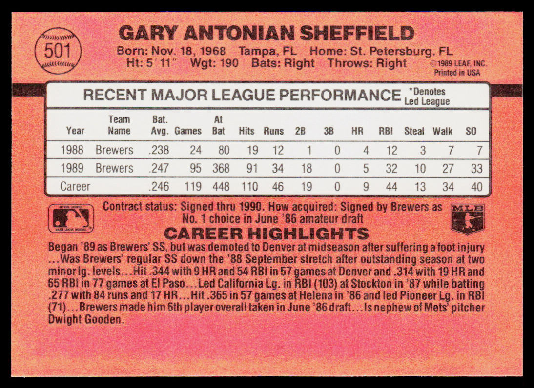 Gary Sheffield 1990 Donruss #501b Milwaukee Brewers