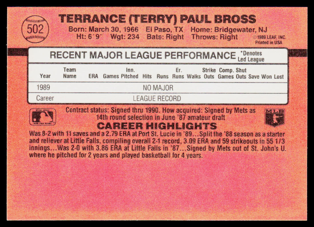 Terry Bross 1990 Donruss #502 RC New York Mets