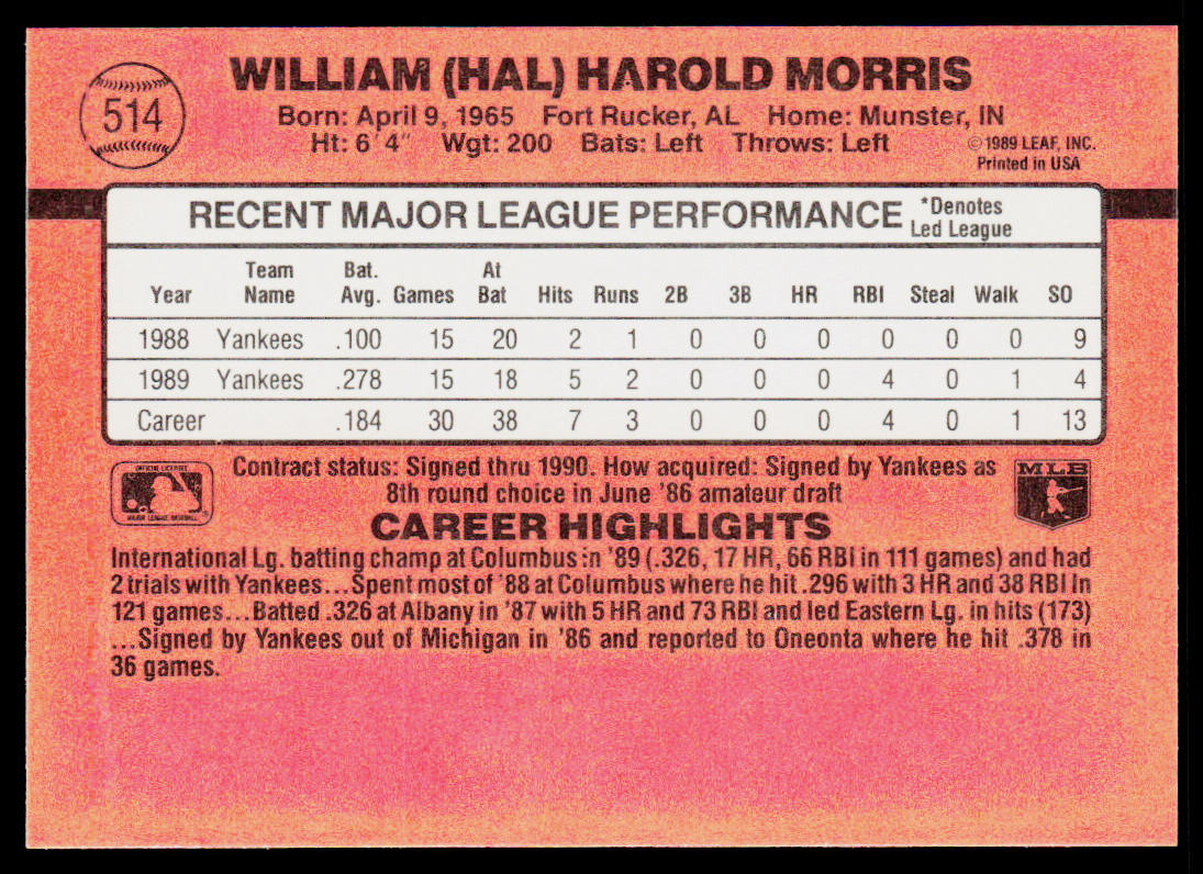 Hal Morris 1990 Donruss #514 New York Yankees