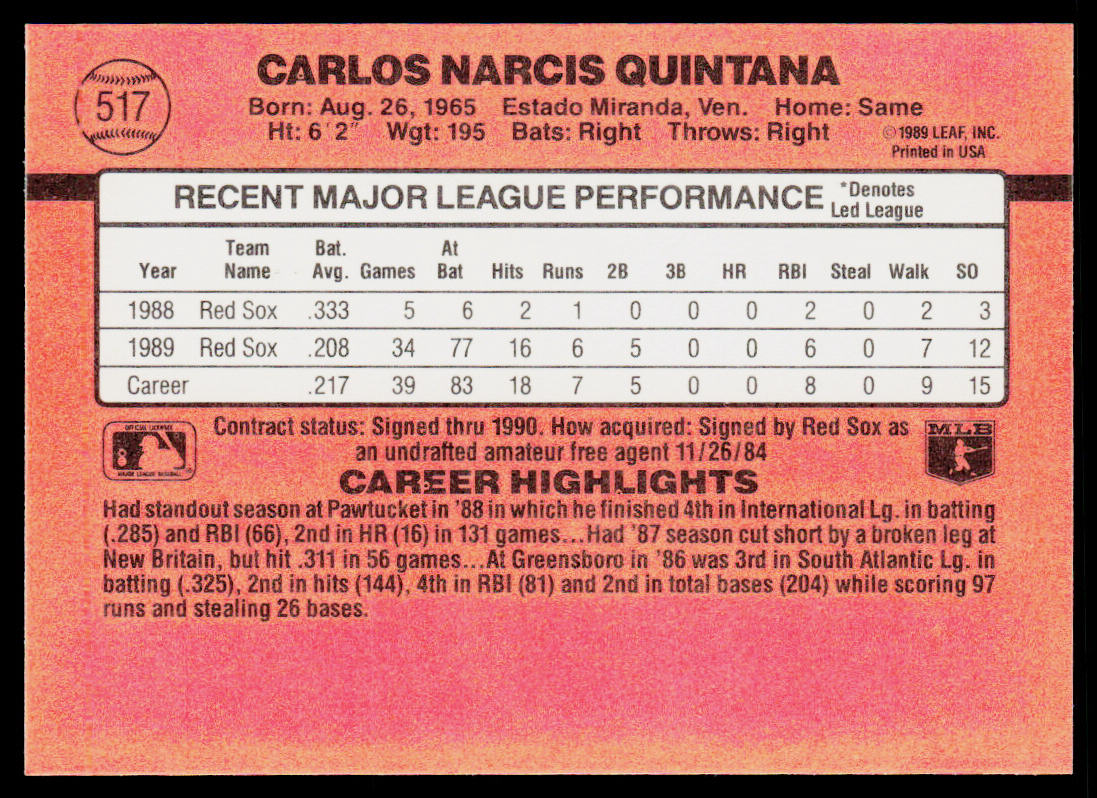 Carlos Quintana 1990 Donruss #517c Boston Red Sox