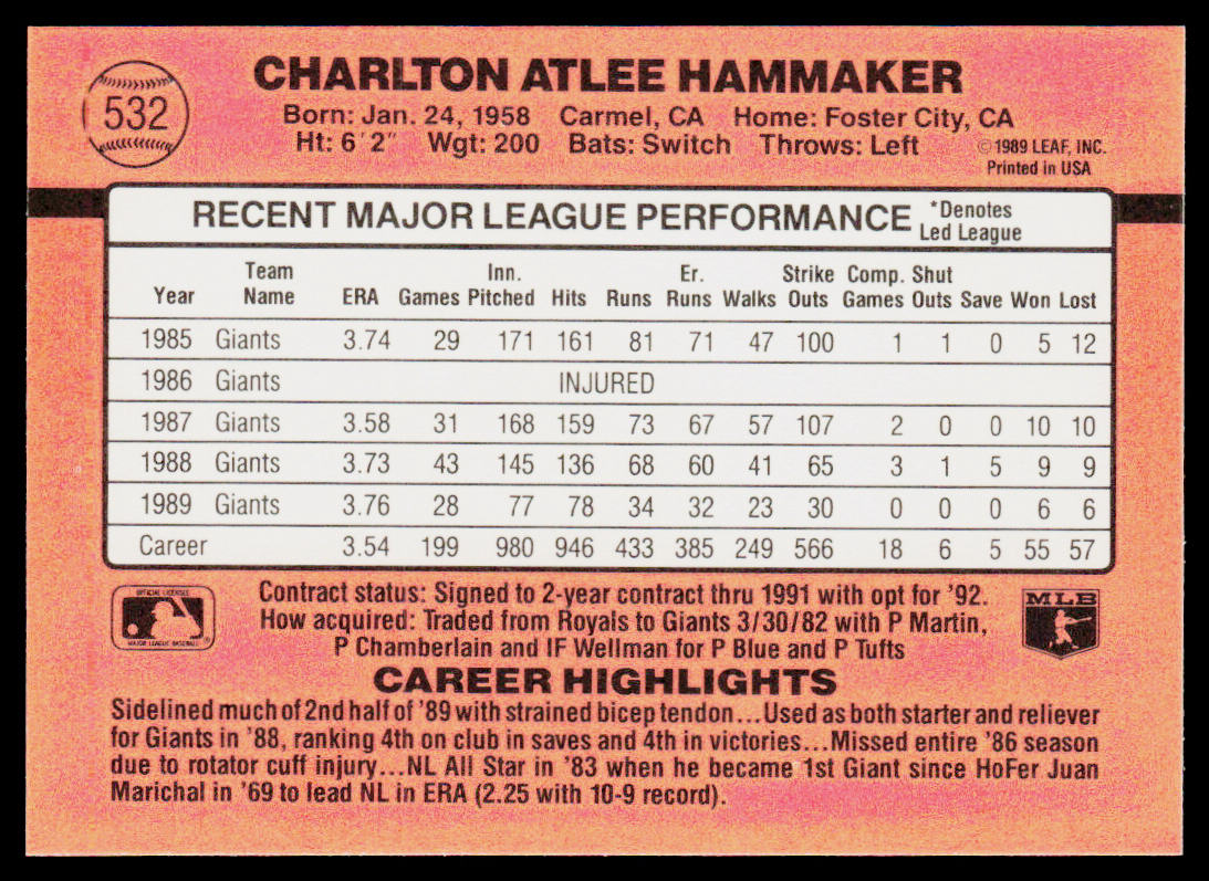 Atlee Hammaker 1990 Donruss #532 San Francisco Giants