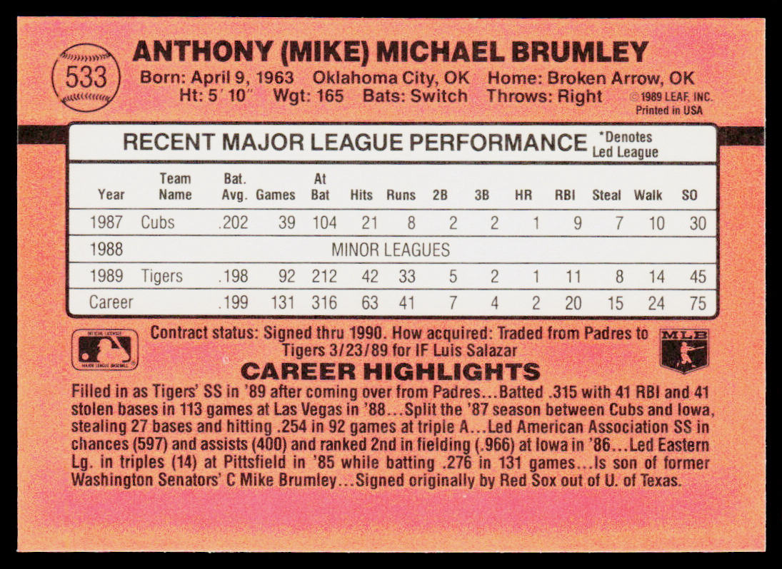 Mike Brumley 1990 Donruss #533b Detroit Tigers