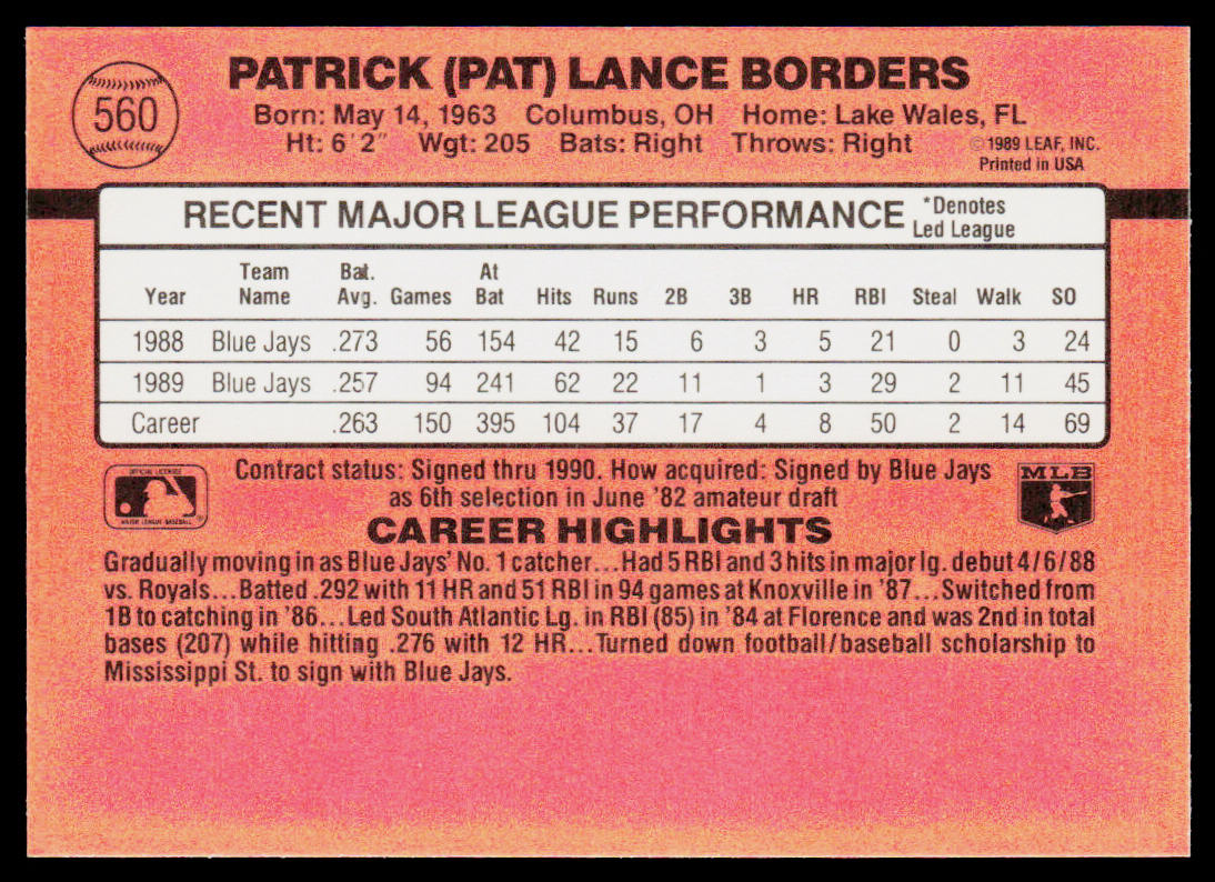 Pat Borders 1990 Donruss #560 Toronto Blue Jays