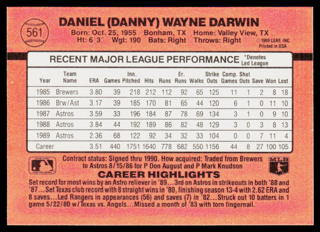 Danny Darwin 1990 Donruss #561b Houston Astros