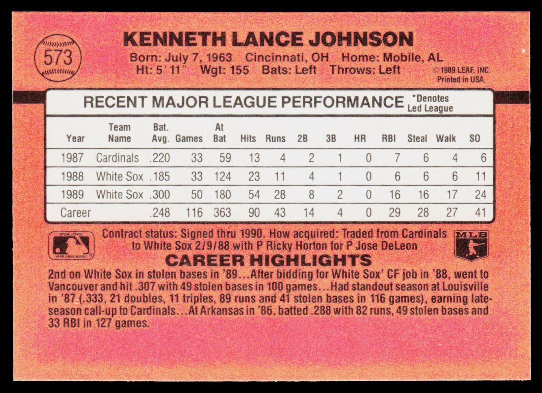 Lance Johnson 1990 Donruss #573b Chicago White Sox