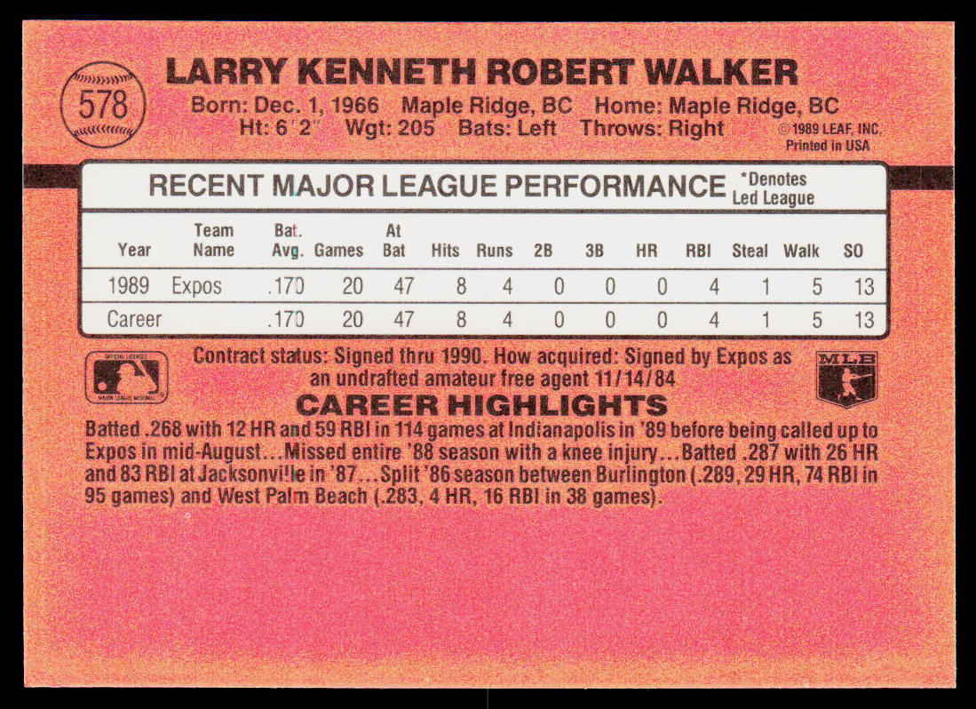 Larry Walker 1990 Donruss #578 RC Montreal Expos