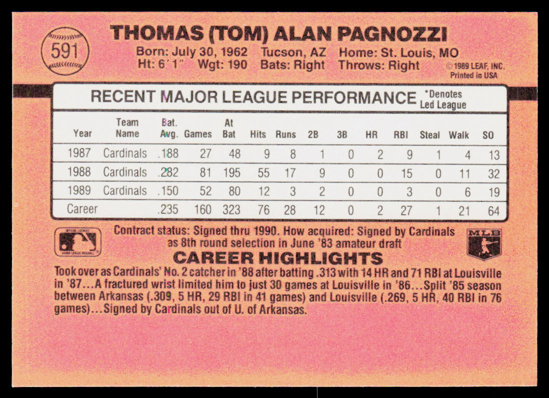Tom Pagnozzi 1990 Donruss #591c St. Louis Cardinals