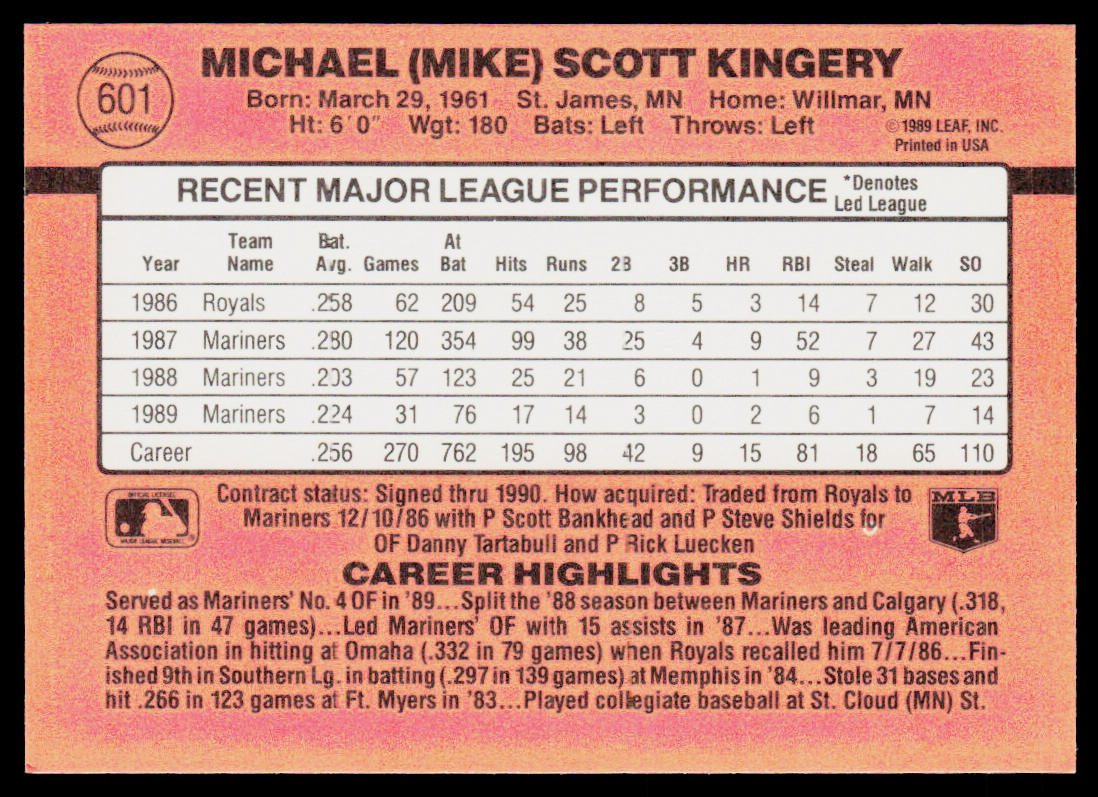 Mike Kingery 1990 Donruss #601b Seattle Mariners