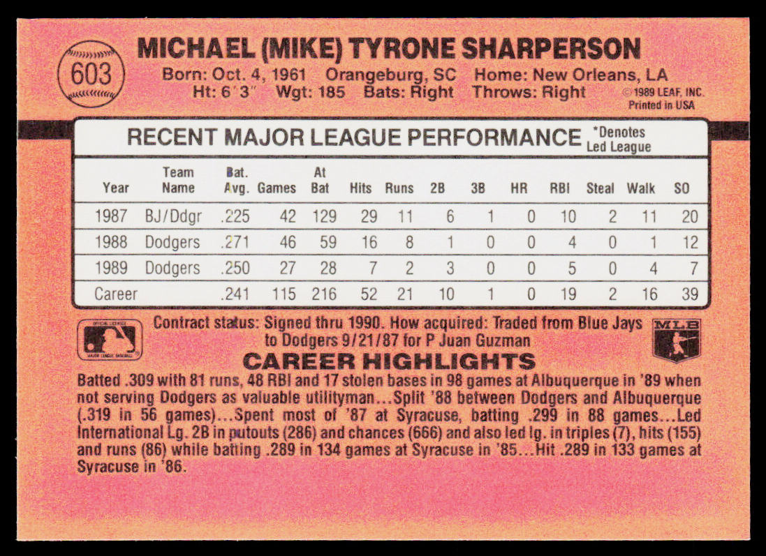 Mike Sharperson 1990 Donruss #603b Los Angeles Dodgers