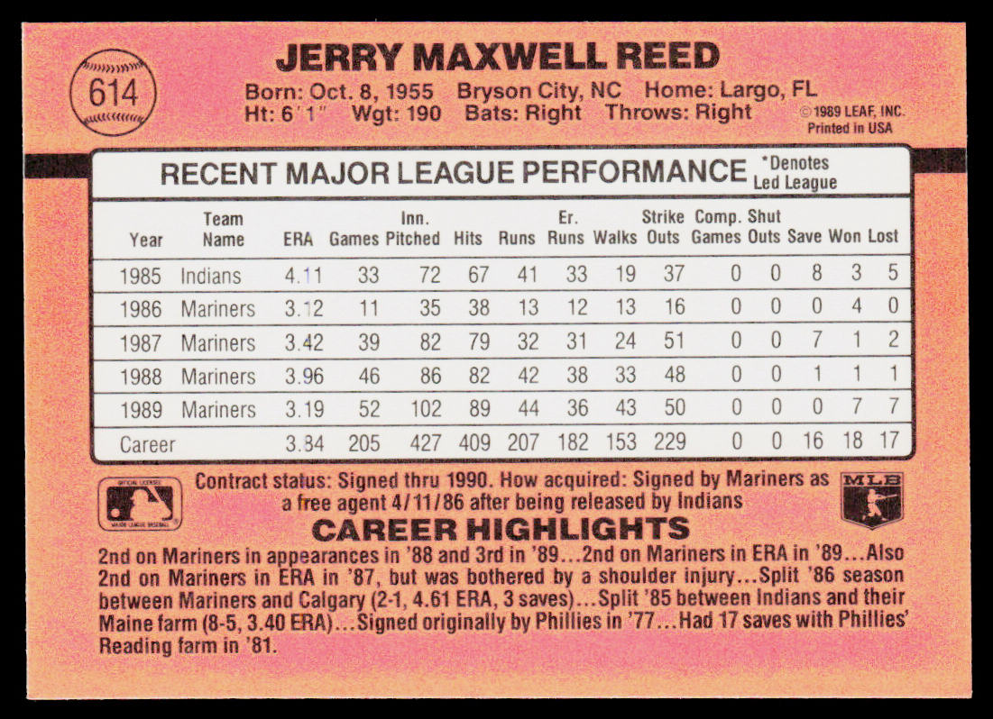 Jerry Reed 1990 Donruss #614c Seattle Mariners