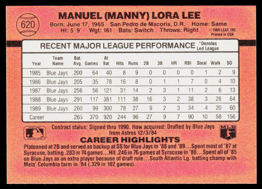 Manny Lee 1990 Donruss #620 Toronto Blue Jays