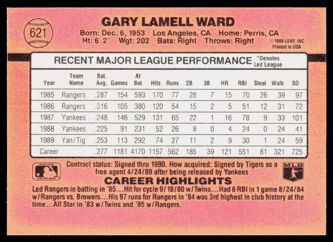 Gary Ward 1990 Donruss #621 Detroit Tigers