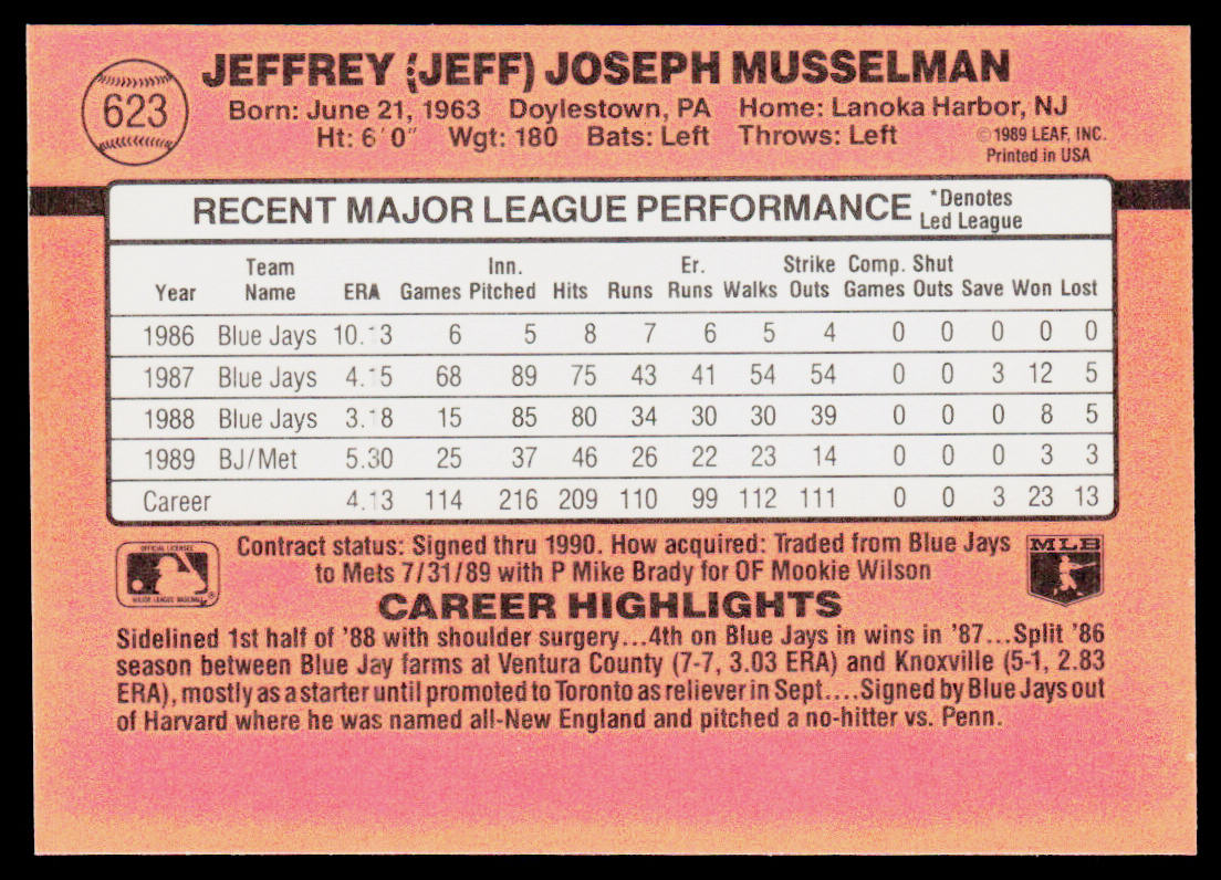 Jeff Musselman 1990 Donruss #623 New York Mets