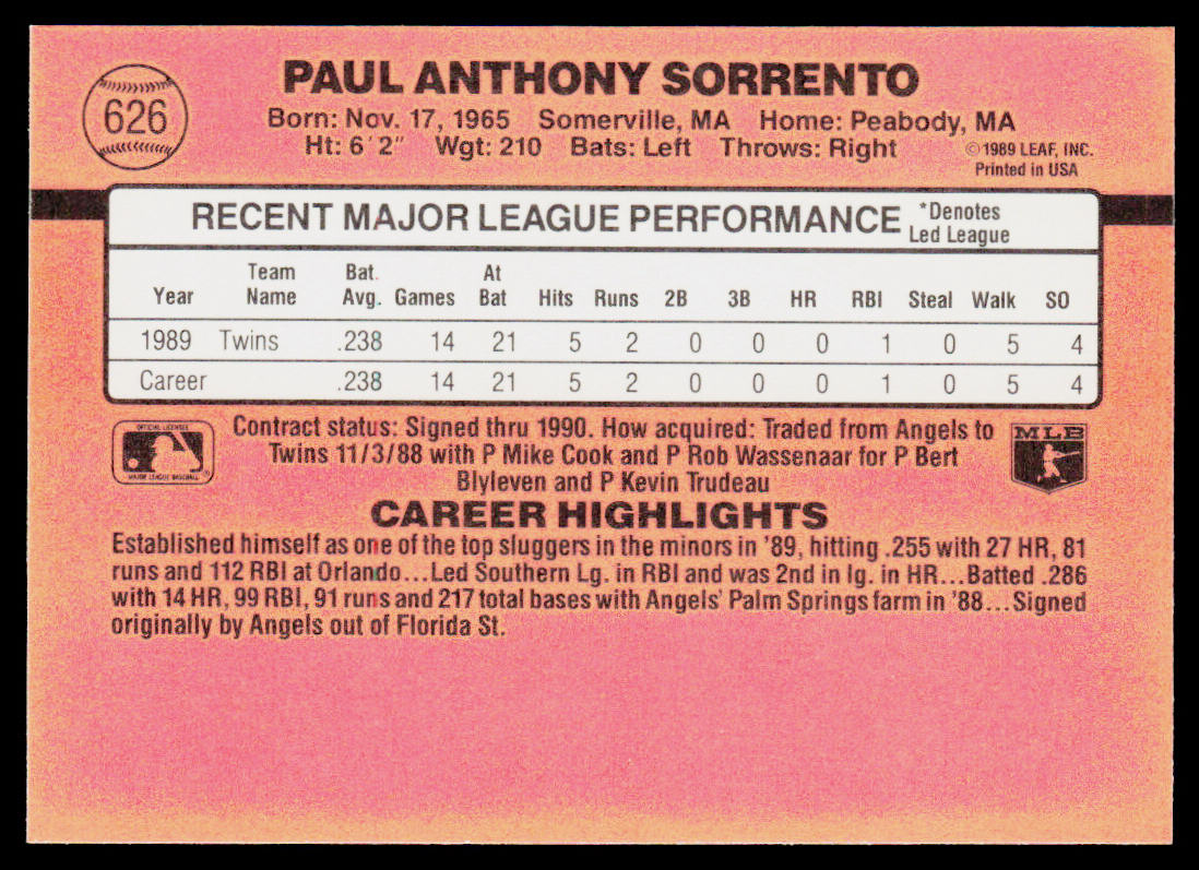 Paul Sorrento 1990 Donruss #626b RC Minnesota Twins