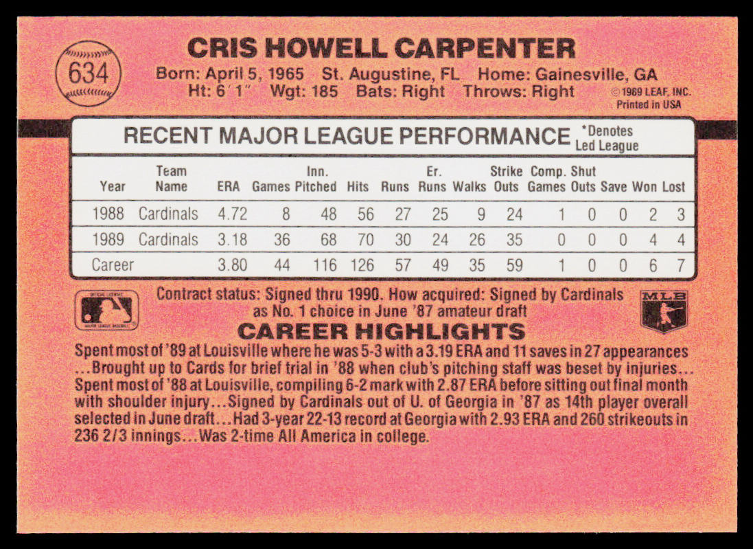 Cris Carpenter 1990 Donruss #634 St. Louis Cardinals