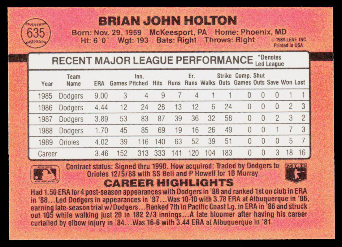 Brian Holton 1990 Donruss #635c Baltimore Orioles