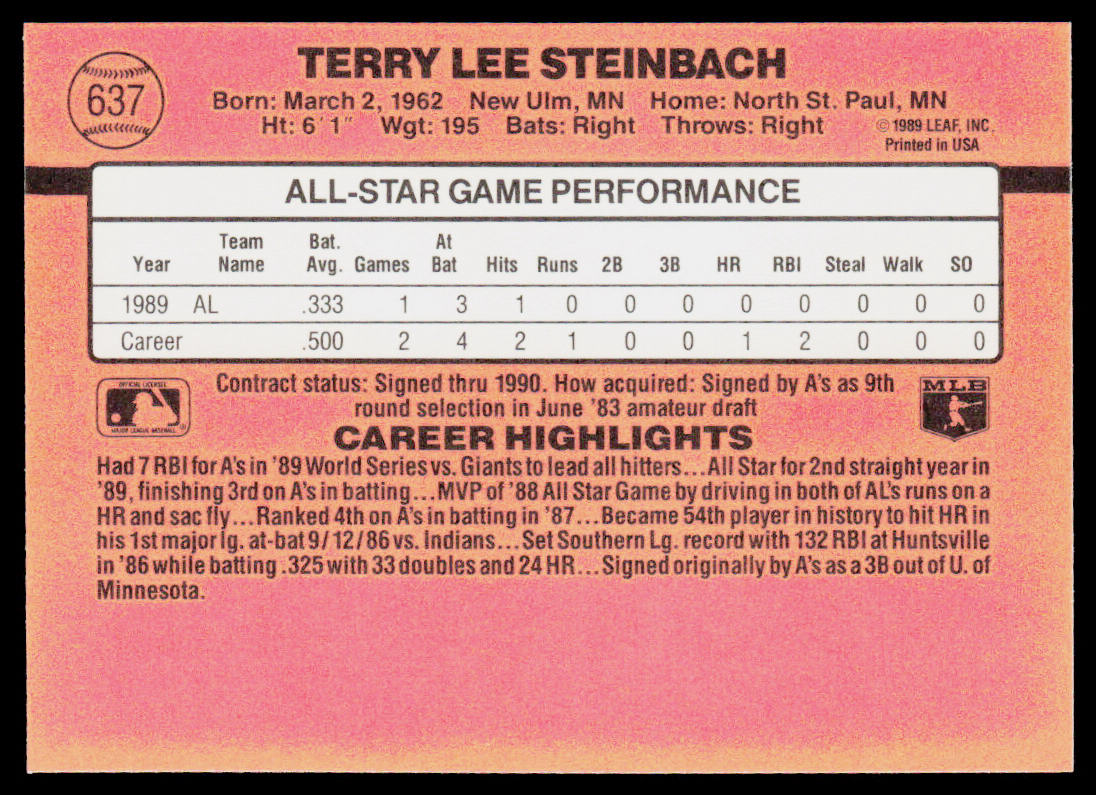 Terry Steinbach 1990 Donruss #637e Oakland Athletics