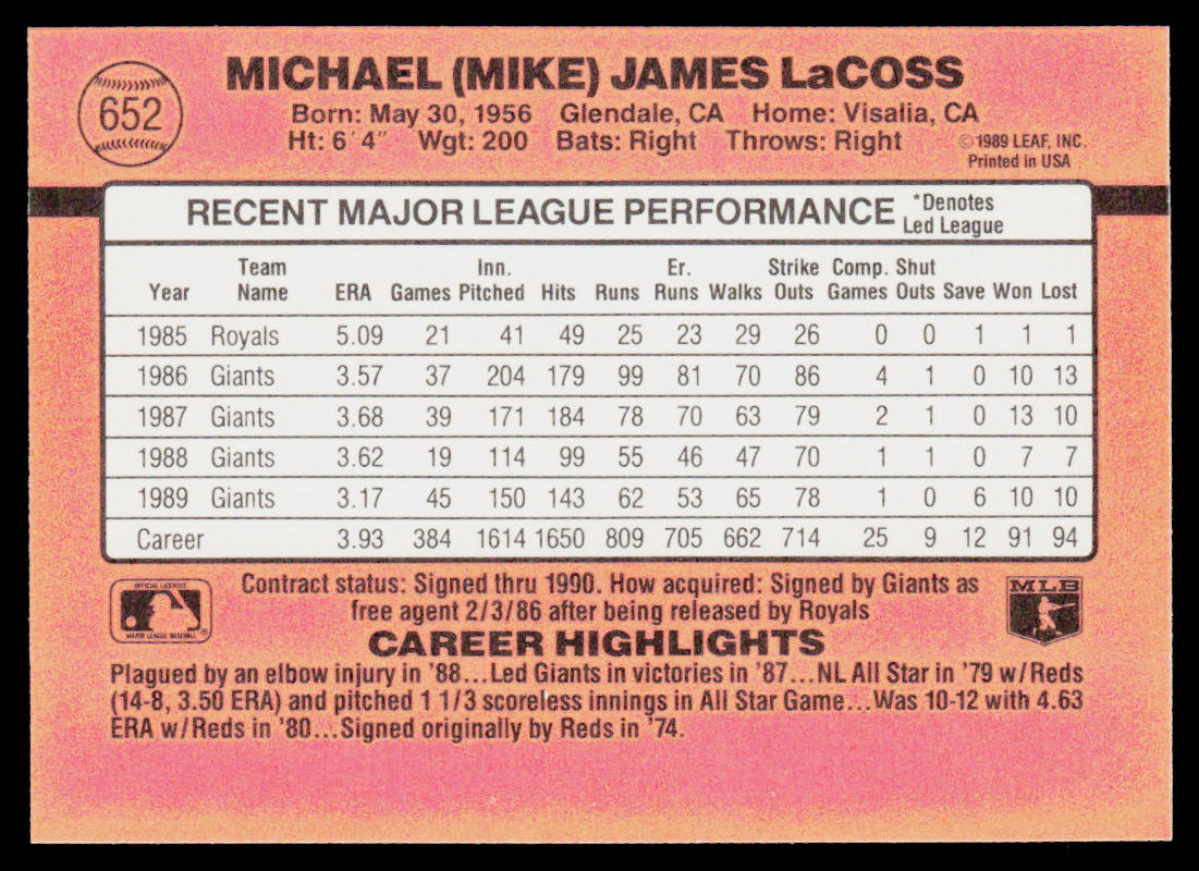 Mike LaCoss 1990 Donruss #652 San Francisco Giants