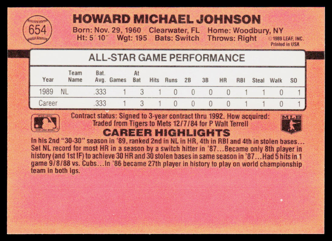 Howard Johnson 1990 Donruss #654c New York Mets