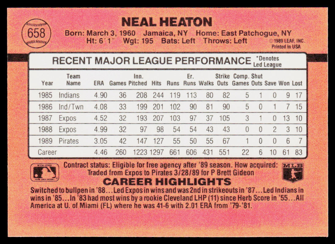Neal Heaton 1990 Donruss #658 Pittsburgh Pirates