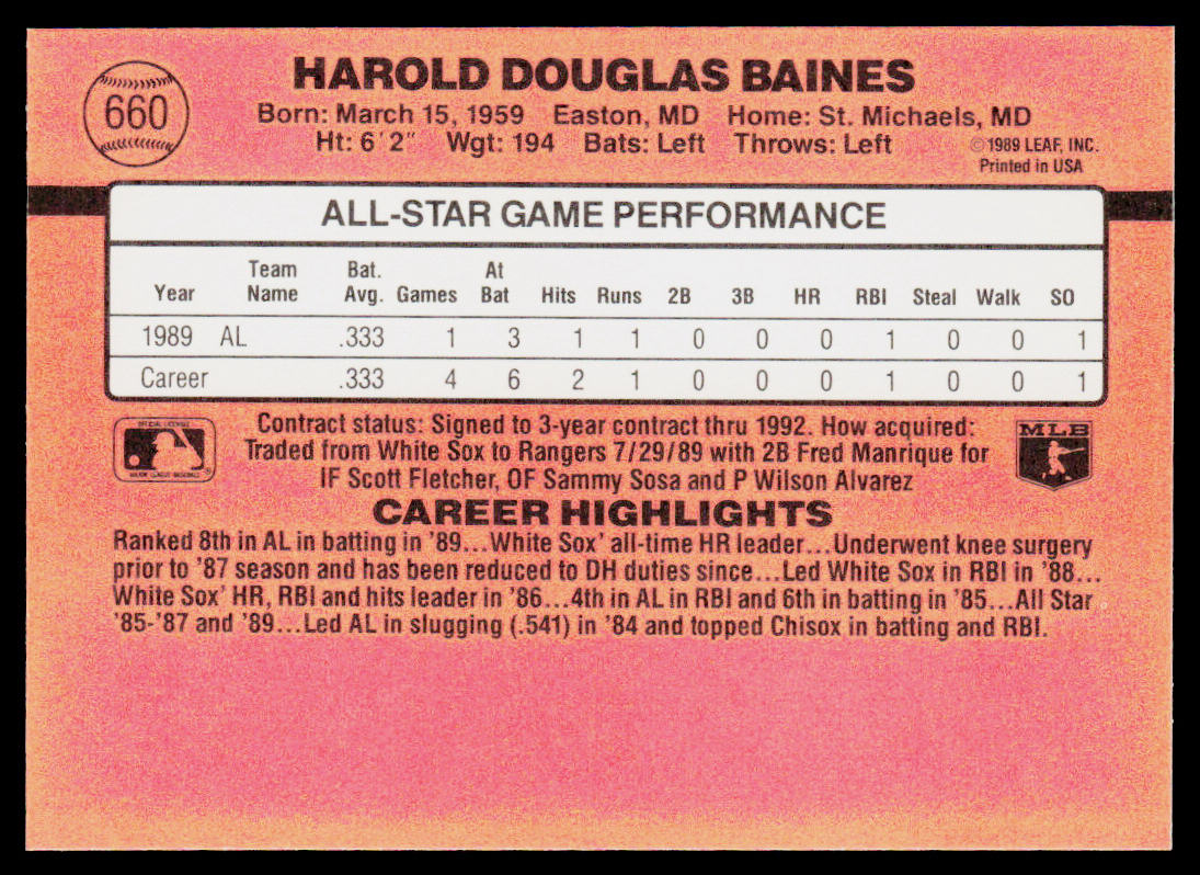Harold Baines 1990 Donruss #660c ERR Chicago White Sox