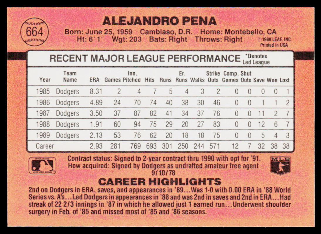Alejandro Pena 1990 Donruss #664b Los Angeles Dodgers