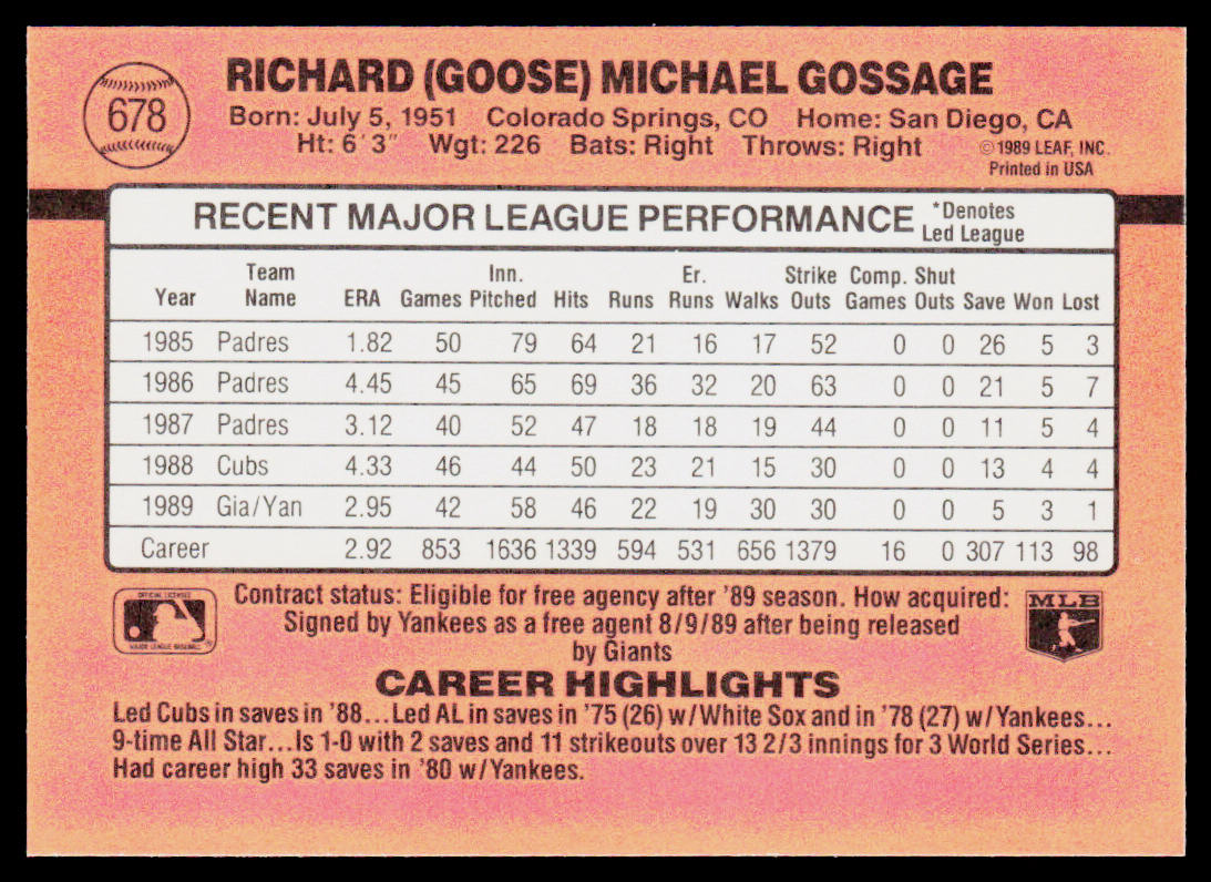 Goose Gossage 1990 Donruss #678 New York Yankees