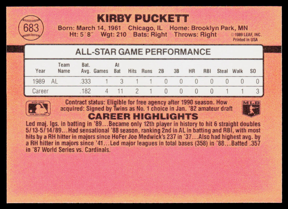 Kirby Puckett 1990 Donruss #683d Minnesota Twins