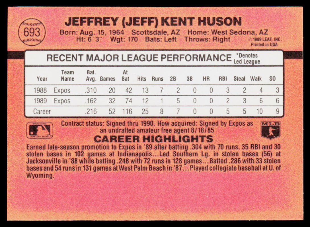 Jeff Huson 1990 Donruss #693b RC Montreal Expos