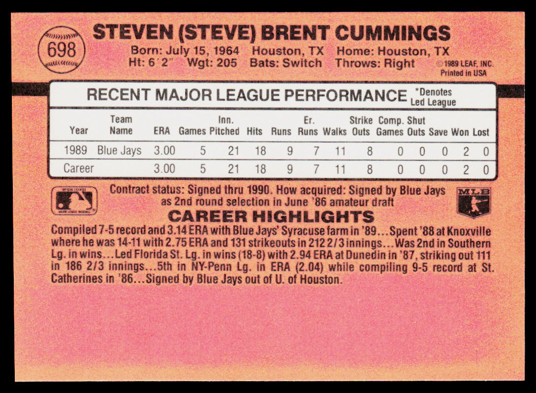 Steve Cummings 1990 Donruss #698c RC Toronto Blue Jays