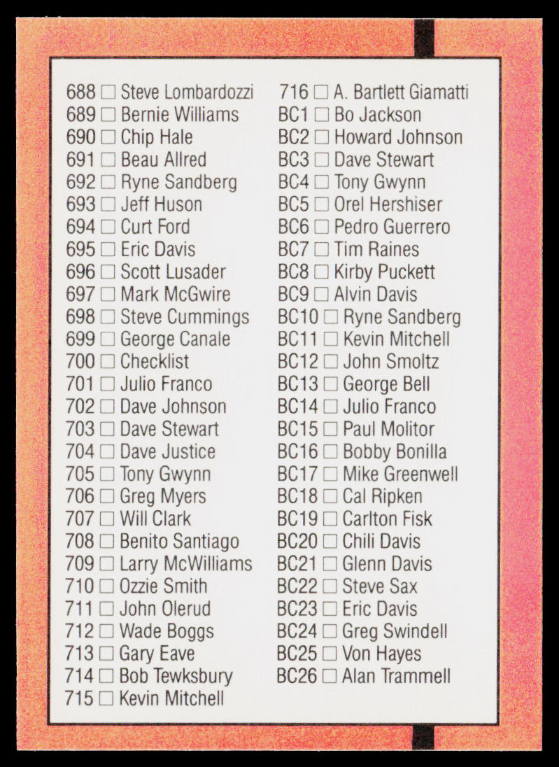 Checklist 518-617 1990 Donruss #600 Factory Set border Cards 518 - 617