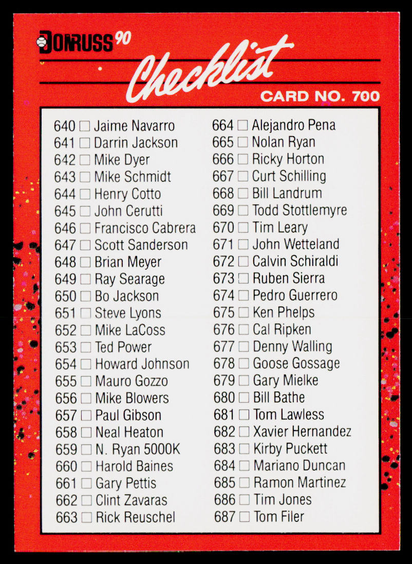 Checklist 518-617 1990 Donruss #600 Factory Set border Cards 518 - 617