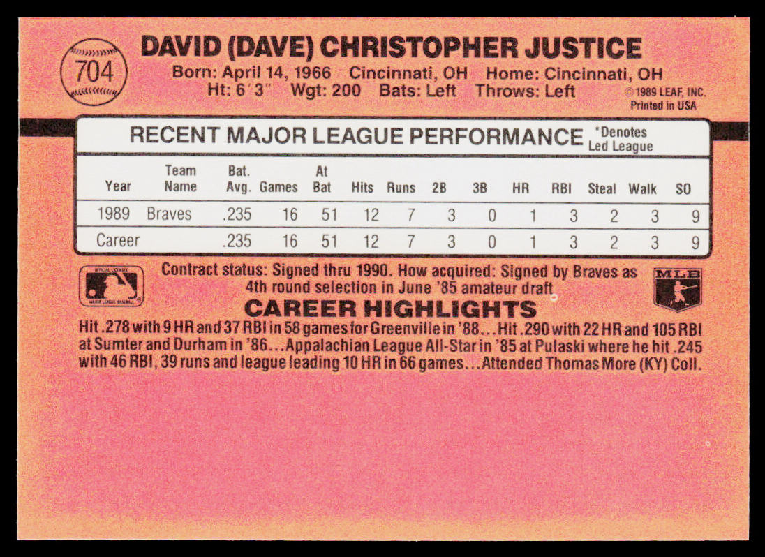Dave Justice 1990 Donruss #704c RC Atlanta Braves
