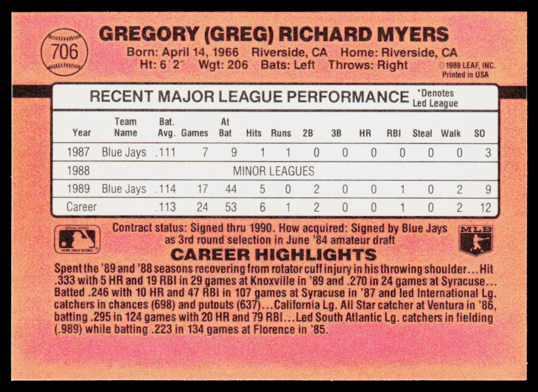 Greg Myers 1990 Donruss #706b Toronto Blue Jays