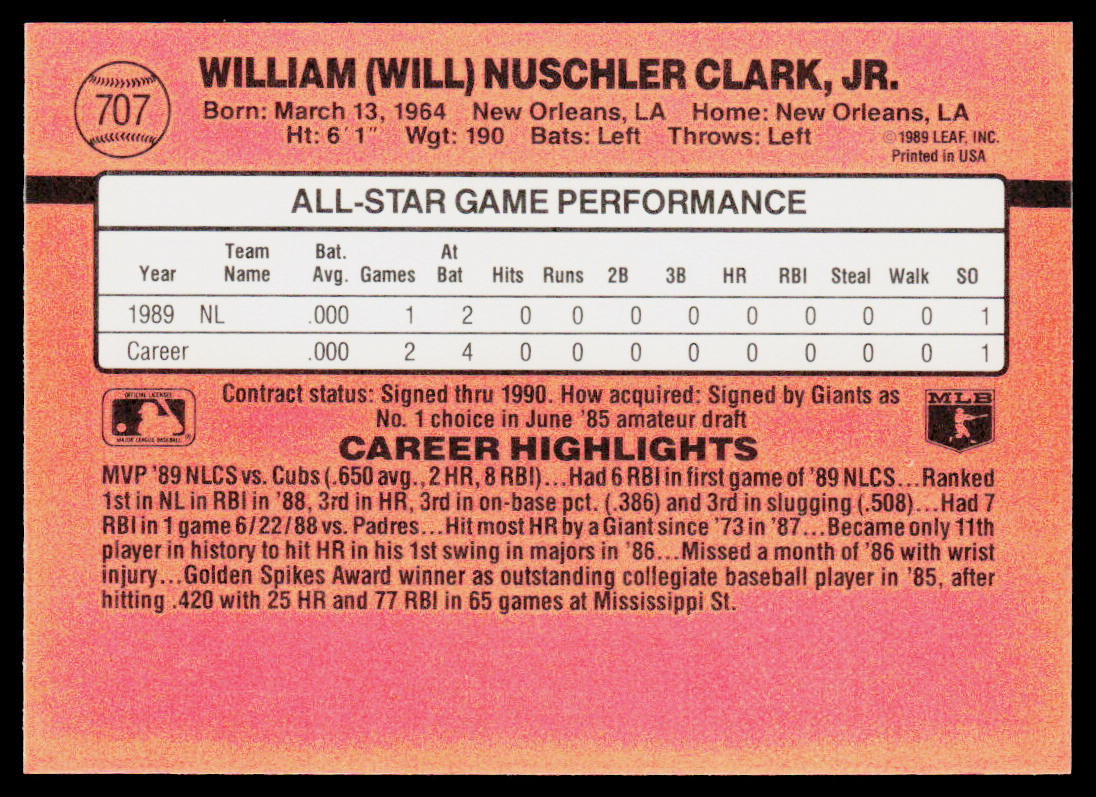 Will Clark 1990 Donruss #707e San Francisco Giants